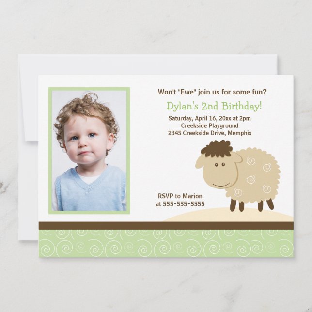 Baa Baa Sheep Green *FOTO* Geburtstag 12x18 Einladung (Vorderseite)