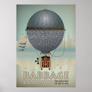 Babbage mit Luftschiff Steampunk Vintage Reise Poster