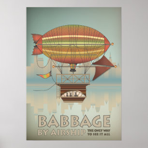 Babbage mit Luftschiff Steampunk Vintage Reise Poster