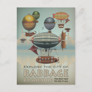 Babbage per Luftschiff Vintage-Steampunk-Reise Postkarte