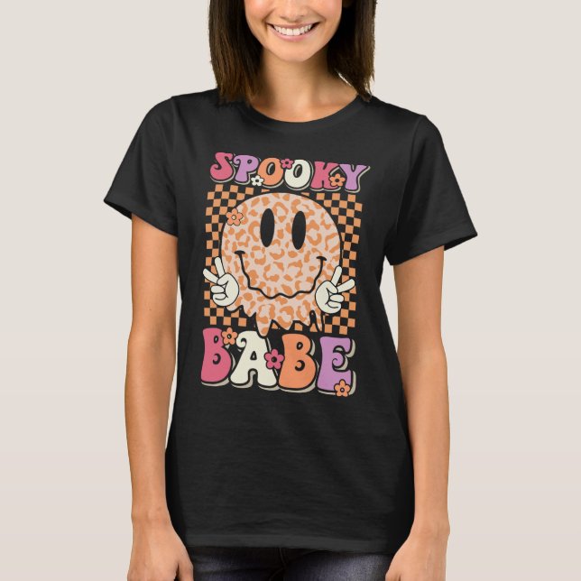 Babe Groovy Halloween Leopard Smile Face Checkered T-Shirt (Vorderseite)