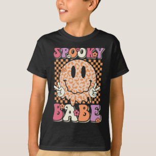 Babe Groovy Halloween Leopard Smile Face Checkered T-Shirt