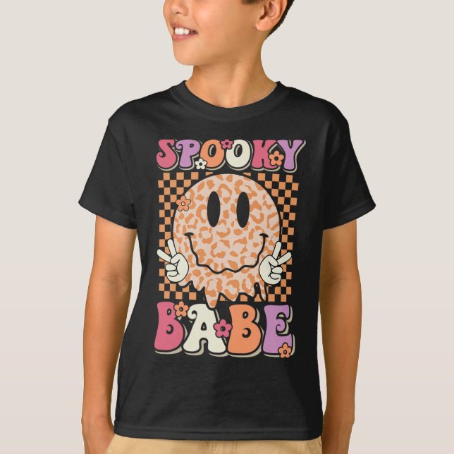 Babe Groovy Halloween Leopard Smile Face Checkered T-Shirt (Vorderseite)