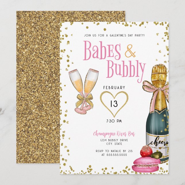 Babes und Bubbly Champagne Galentine's Day Party Einladung (Vorne/Hinten)