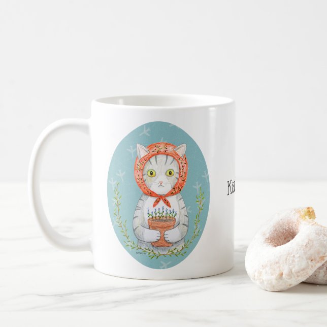 Babushka Cat Gray Tabby Cat Geschenk Individuelle  Kaffeetasse (Mit Donut)