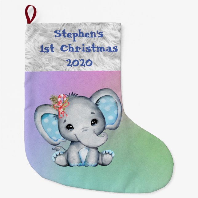 Baby 1. Christmas Blue Boy Elephant Großer Weihnachtsstrumpf (Vorderseite)