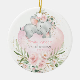 Baby 1. First Christmas Blush Floral Elephant Keramik Ornament