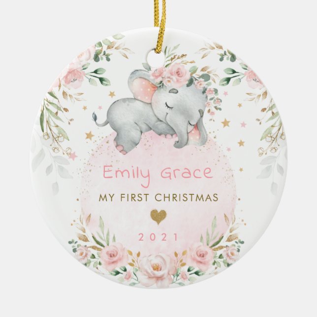 Baby 1. First Christmas Dreamy Blush Elephant Keramik Ornament (Vorne)