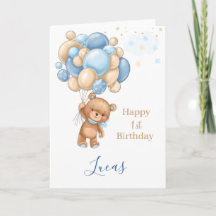Baby 1. Geburtstag Teddy Bear Blue Balloons Karte