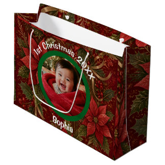 Baby 1. Weihnachten Florales Karmesinrot Foto Name Große Geschenktüte
