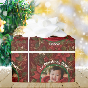 Baby 1. Weihnachten Florales Rot Foto Name Jahr Geschenkpapier