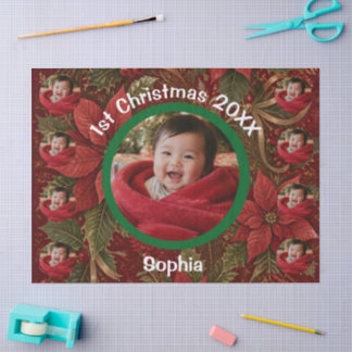 Baby 1. Weihnachten Florales Rot Foto Name Jahr Seidenpapier
