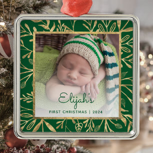 Baby 1. Weihnachten Foto Grün Gold Laub Ornament Aus Metall