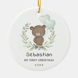 Baby 1. Weihnachten Niedlich Teddy Bear Greenerie Keramik Ornament