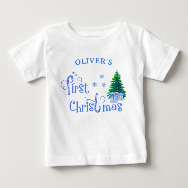 Baby 1. Weihnachtsbaum und Blue Candy Cane Boy T-shirt (Vorderseite)