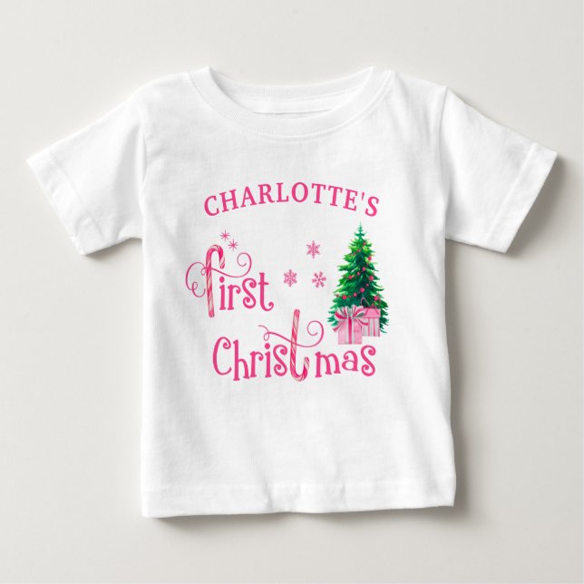 Baby 1. Weihnachtsbaum und rosa Candy Cane Girl T-shirt (Vorderseite)