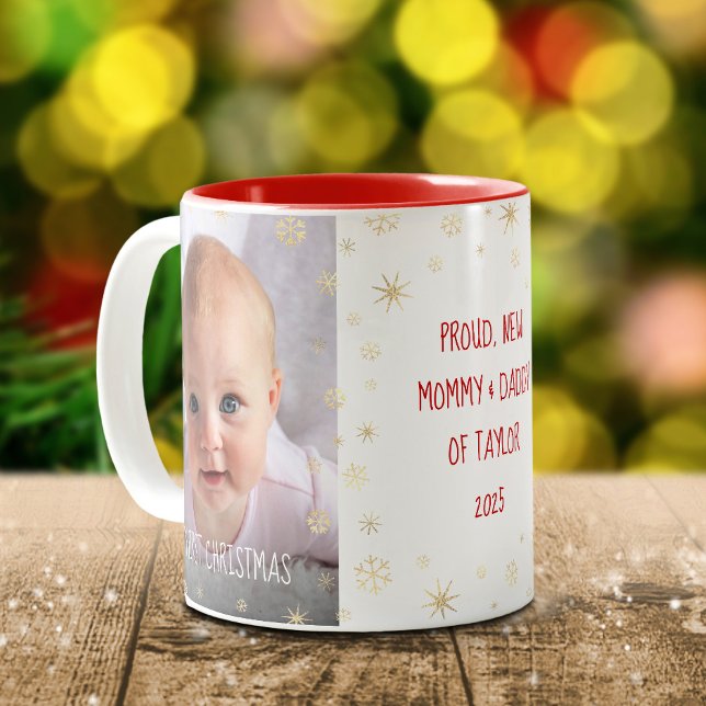Baby 1. Weihnachtsfeier Vater Schneeflocken Foto Zweifarbige Tasse (Von Creator hochgeladen)