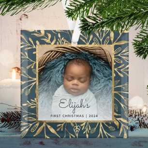 Baby 1. Weihnachtsfoto Teal Blau Gold Laub Ornament Aus Glas