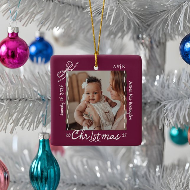 Baby 1. Weihnachtsminimale Hand Drawn Scribble Bow Keramikornament (Baby 1st Christmas Minimal Hand Drawn Scribble Bow Ceramic Ornament)