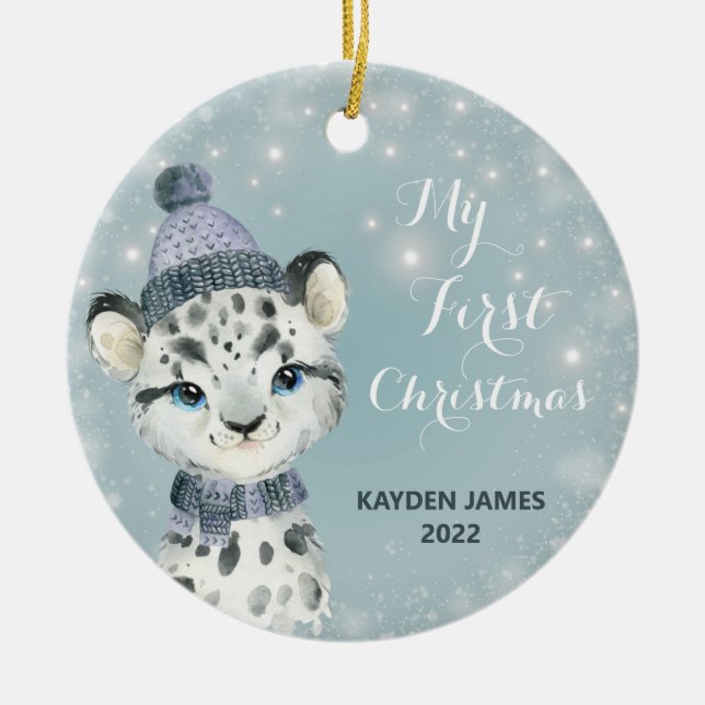 Baby 1. Weihnachtsschnee Leopard Wasserfarbe Keramik Ornament (Vorne)
