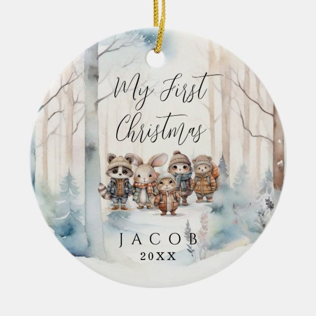 Baby 1. Weihnachtsschnee Winter Wald Cer Keramik Ornament (Vorne)