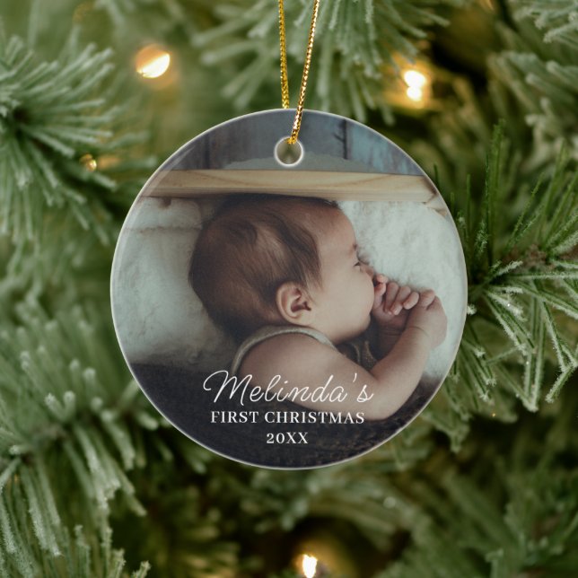Baby 1st First Christmas Newborn Family Photo  Keramik Ornament (Baum)