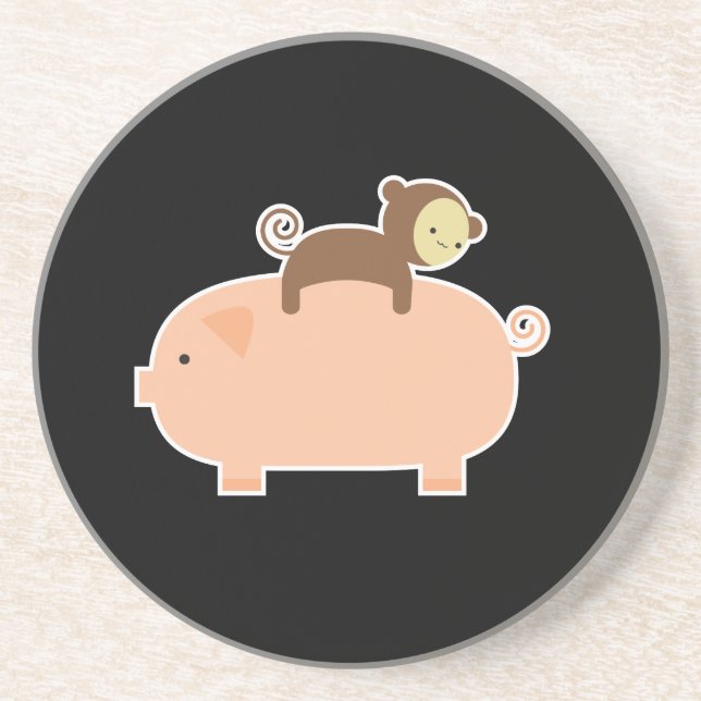 Baby-Affe-Reiten auf einem Schwein Sandstein Untersetzer (Vorne)