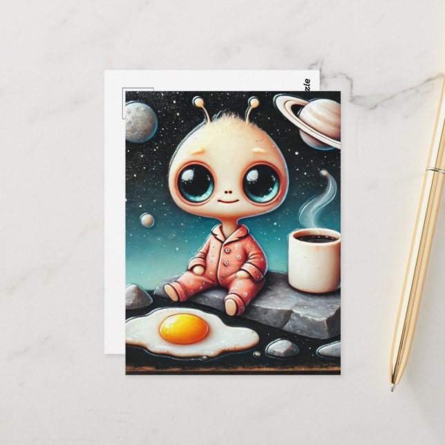 Baby Alien mit Kaffee und Ei Postkarte (Vorderseite/Rückseite Beispiel)