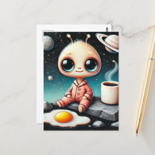 Baby Alien mit Kaffee und Ei Postkarte