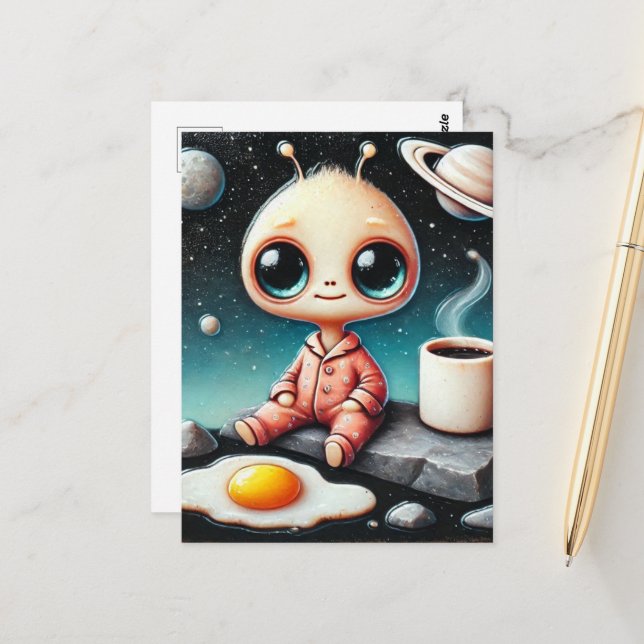 Baby Alien mit Kaffee und Ei Postkarte (Vorderseite/Rückseite Beispiel)