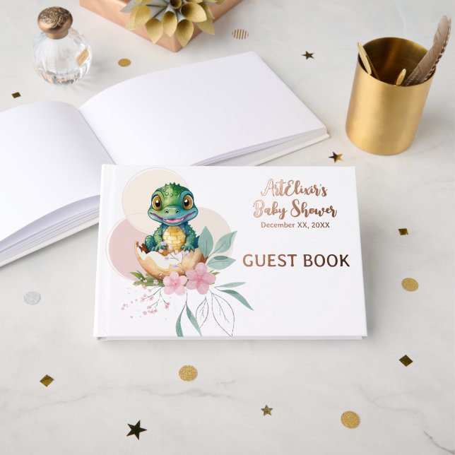 Baby Alligator hält Blumenspülung Gästebuch (Vorderseite Offen)