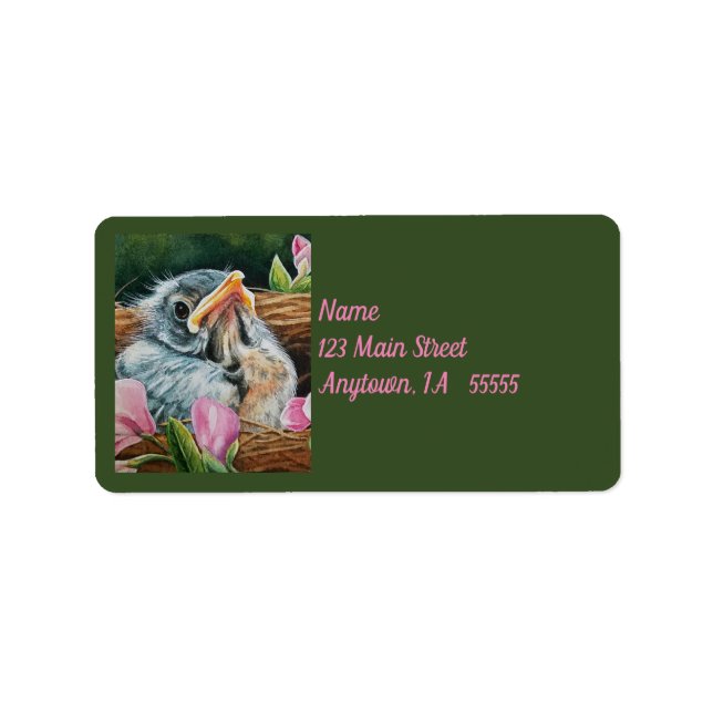 Baby American Robin Bird in Nest Watercolor Art Adressaufkleber (Vorne)