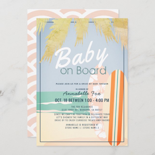 Baby an Board Beach Surf Girl Drive-by Baby Shower Einladung (Vorne/Hinten)