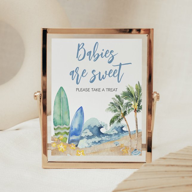 Baby an Bord Beach Baby Dusche Babys sind süß Poster (Surfing Summer Boy Baby Shower Babies are Sweet Sign)