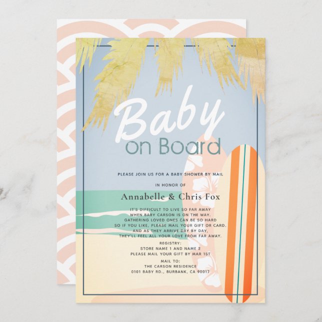 Baby an Bord Beach Surf Girl Baby Showroom mit E-M Einladung (Vorne/Hinten)