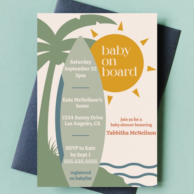 "Baby an Bord" Beach Surfing Ocean Baby Shower Einladung ("baby on board" surfing ocean gender neutral baby shower nautical surfboard tropical invitation)