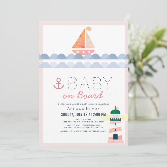 Baby an Bord Nautical Pink Girl Baby Dusche Einladung (Stehend Vorderseite)
