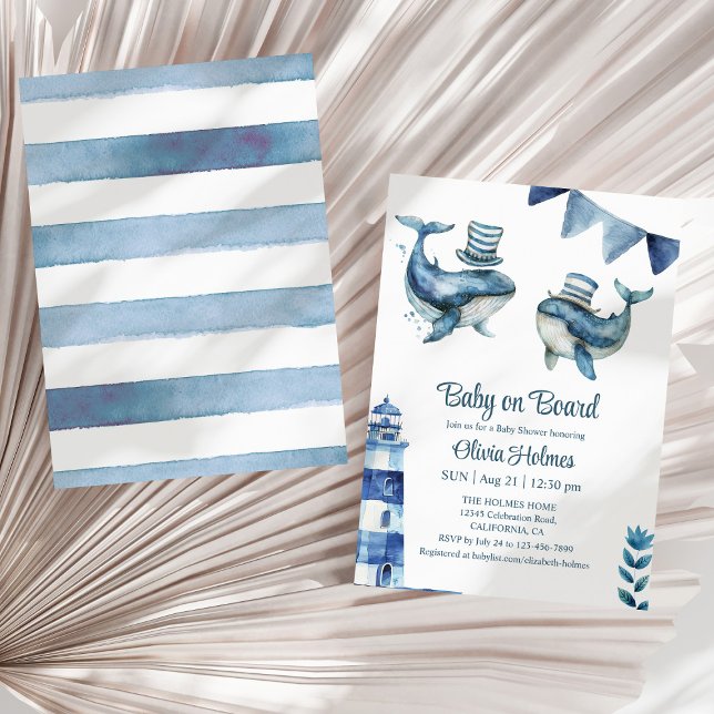 "Baby an Bord" Navy Nautical Baby Shower Einladung ("Baby on Board" Navy Nautical Baby Shower Invitation on a sunny neutral dry palm leaf.)