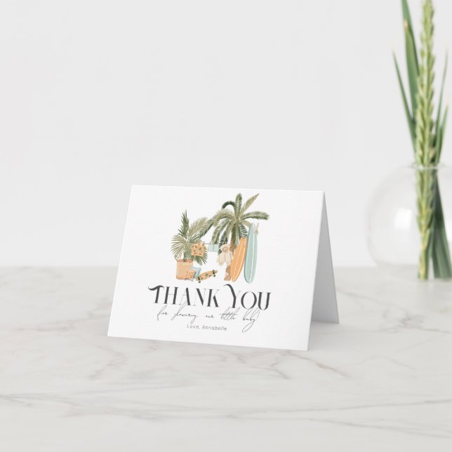 Baby an Bord Palm Tree Surfboard Baby Dusche Dankeskarte (Vorderseite)