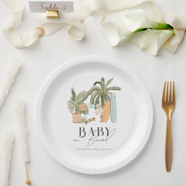 Baby an Bord Palm Tree Surfboard Baby Dusche Pappteller (Hochzeit)