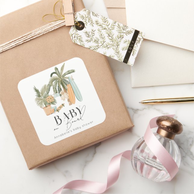 Baby an Bord Palm Tree Surfboard Baby Dusche Quadratischer Aufkleber (Schenken)