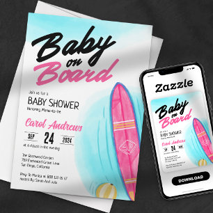 Baby an Bord Pinkes Surfbrett Baby Shower Einladung