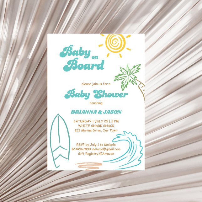 Baby an Bord Retro-Doodle-Surfen Babydusche Einladung (Baby on board retro doodle sketch summer surfing baby shower invitation template instant download)