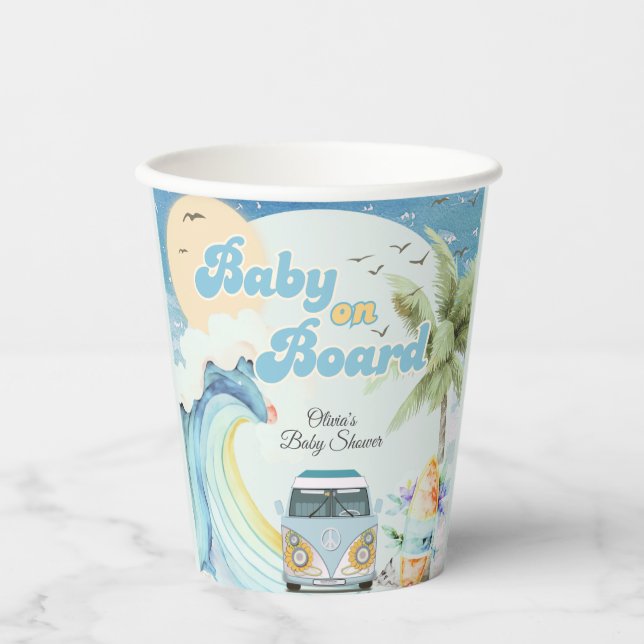 Baby an Bord Retro Surfing Beach Baby Dusche Pappbecher (Vorderseite)
