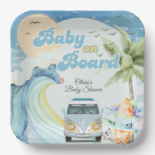 Baby an Bord Retro Surfing Beach Baby Dusche Pappteller (Vorderseite)