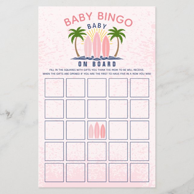 Baby an Bord rosa Mädchen Dusche Bingo Spiel Flyer (Vorne)