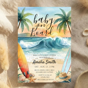 Baby an Bord Strand Küste Surfbrett Babyparty Einladung