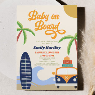 Baby an Bord Strand Surfen Blau Retro Baby Shower Einladung