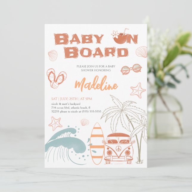 Baby an Bord Surf Baby Shower Einladungskarte Einladung (Stehend Vorderseite)