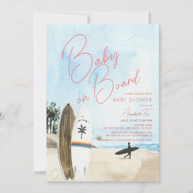 Baby an Bord Surfboard Beach Girl Baby Dusche Einladung (Vorderseite)